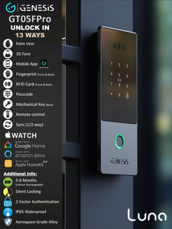 [FREE Installation] GENESIS Luna™  GT05F-PRO Slimest Palm Vein & 3D Face Recognition Dual Sync Gate Lock - Image 7